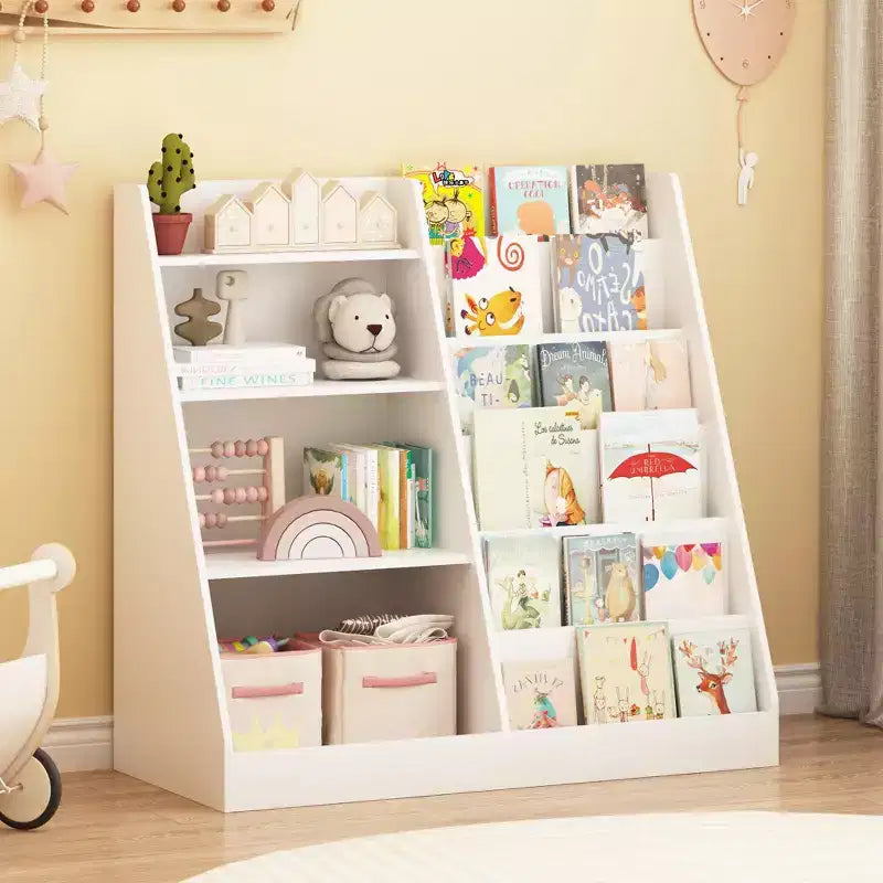 Libreria a 4 livelli per bambini in legno con vano portaoggetti per giocattoli, espositore per libri frontale per cameretta, bianca