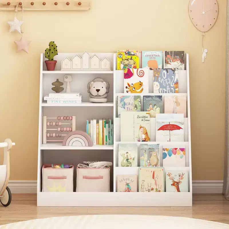 Libreria a 4 livelli per bambini in legno con vano portaoggetti per giocattoli, espositore per libri frontale per cameretta, bianca