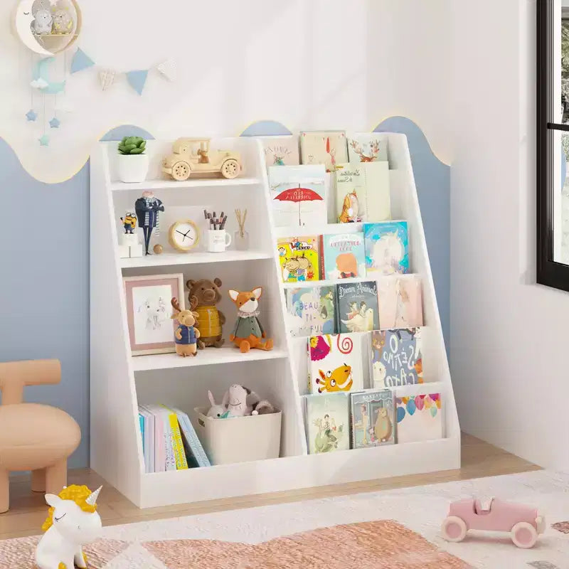 Libreria a 4 livelli per bambini in legno con vano portaoggetti per giocattoli, espositore per libri frontale per cameretta, bianca