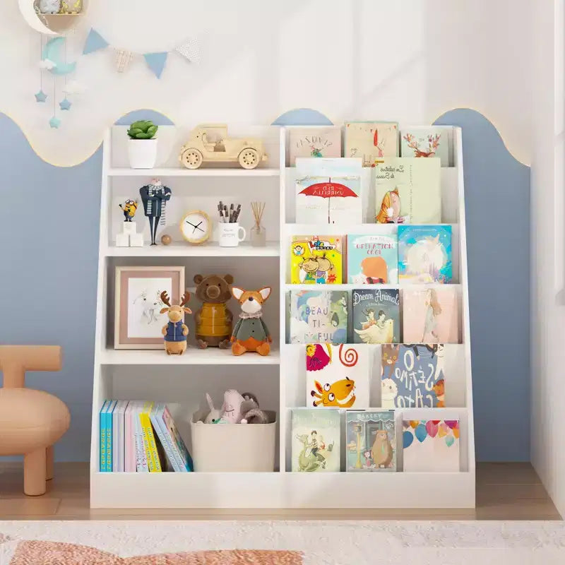 Libreria a 4 livelli per bambini in legno con vano portaoggetti per giocattoli, espositore per libri frontale per cameretta, bianca