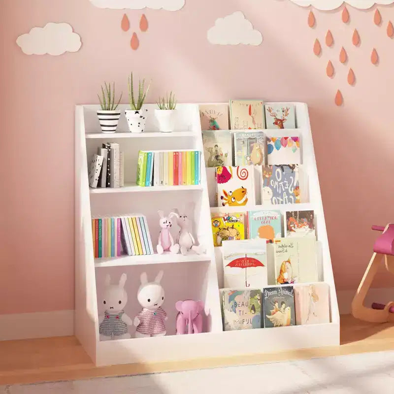 Libreria a 4 livelli per bambini in legno con vano portaoggetti per giocattoli, espositore per libri frontale per cameretta, bianca