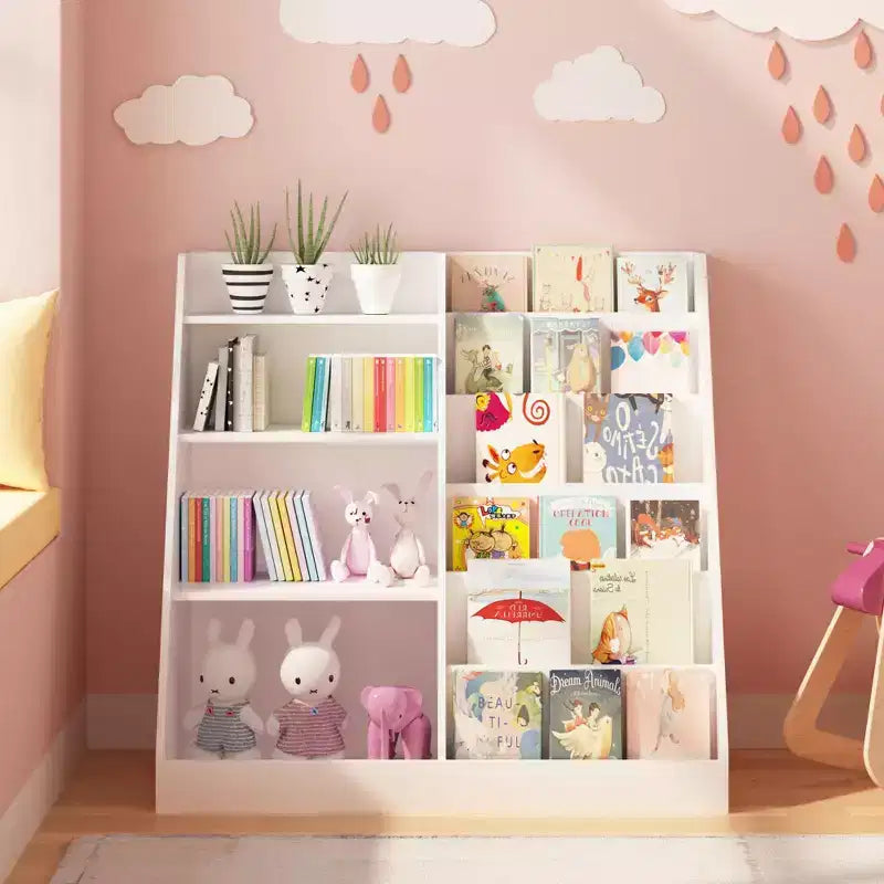 Libreria a 4 livelli per bambini in legno con vano portaoggetti per giocattoli, espositore per libri frontale per cameretta, bianca