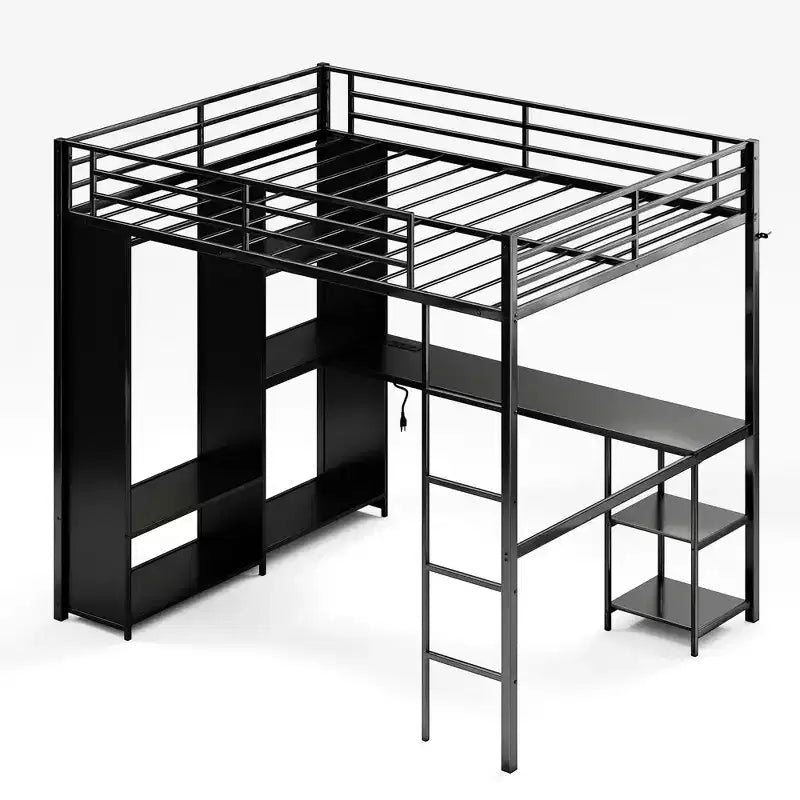 Queen Loft Bed with Built-In Desk, Metal Bed Frame with Wardrobe & Storage Shelves, Ladder, Guardrails