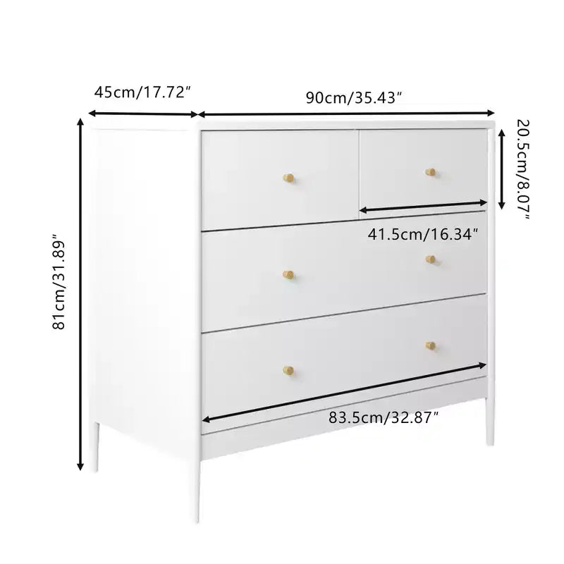 Cassettiera a 4 cassetti per bambini, mobile contenitore in legno per cameretta o stanza da letto, 90 cm di larghezza, bianco