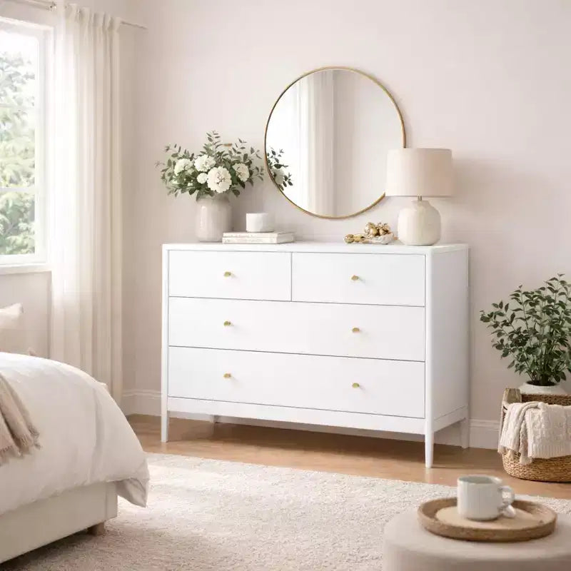 Cassettiera a 4 cassetti per bambini, mobile contenitore in legno per cameretta o stanza da letto, 90 cm di larghezza, bianco