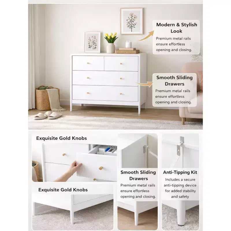 Cassettiera a 4 cassetti per bambini, mobile contenitore in legno per cameretta o stanza da letto, 90 cm di larghezza, bianco
