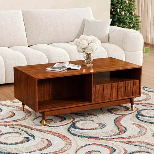 ATJafurn 47.2'' Walnut Coffee Table with Storage and Open Shelf, Mid-century Modern Wood Coffee Table with Gold Metal Detail, For Living Room