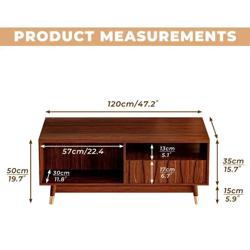 Tavolino da Caffè in Noce da 120 cm con Mobile Contenitore e Ripiano Aperto, Stile Mid-Century Moderno, Dettagli in Metallo Dorato