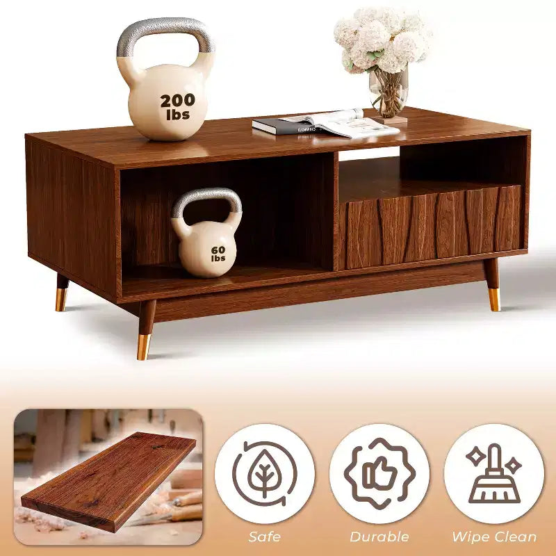Tavolino da Caffè in Noce da 120 cm con Mobile Contenitore e Ripiano Aperto, Stile Mid-Century Moderno, Dettagli in Metallo Dorato