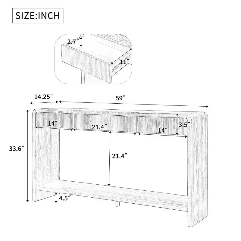 Consolle moderna da ingresso con 3 cassetti, doghe verticali e bordo arrotondato, larghezza 150 cm
