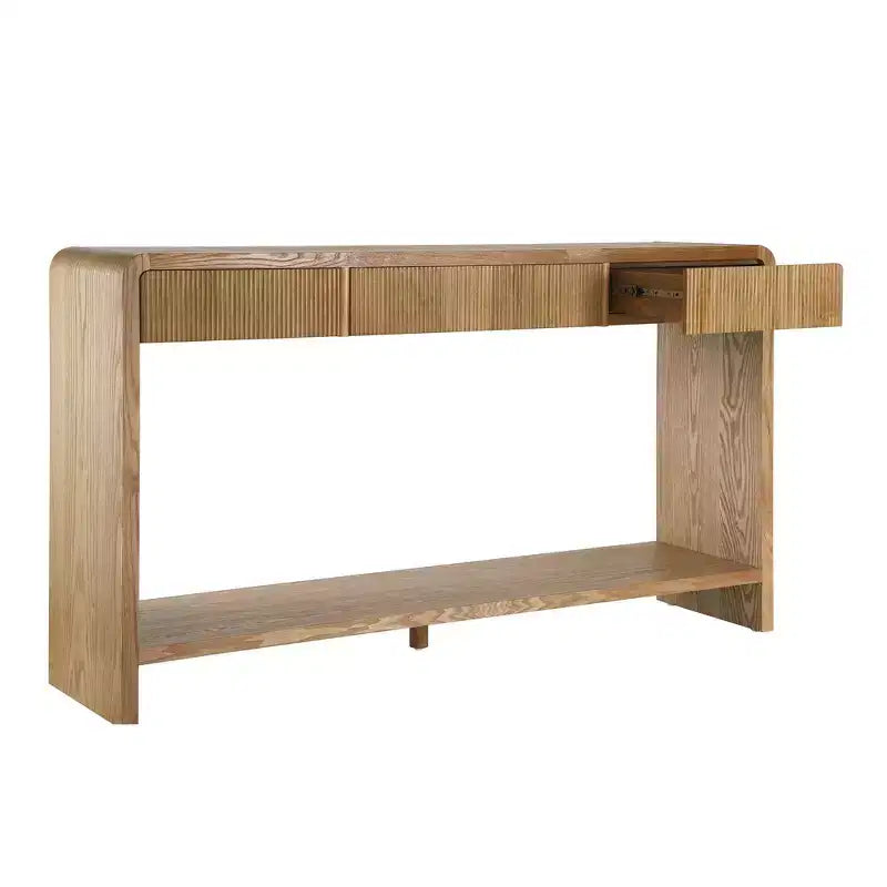 Consolle moderna da ingresso con 3 cassetti, doghe verticali e bordo arrotondato, larghezza 150 cm