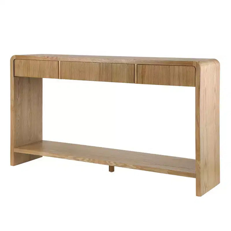 Consolle moderna da ingresso con 3 cassetti, doghe verticali e bordo arrotondato, larghezza 150 cm