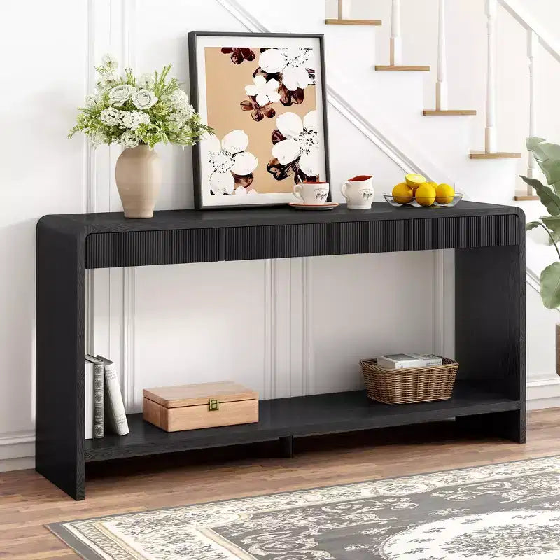 Whisen Modern Entryway Console Table, Elegant Hallway Table, Slim Sofa Table with 3-Drawer, Vertical Slats, Round Edge Design