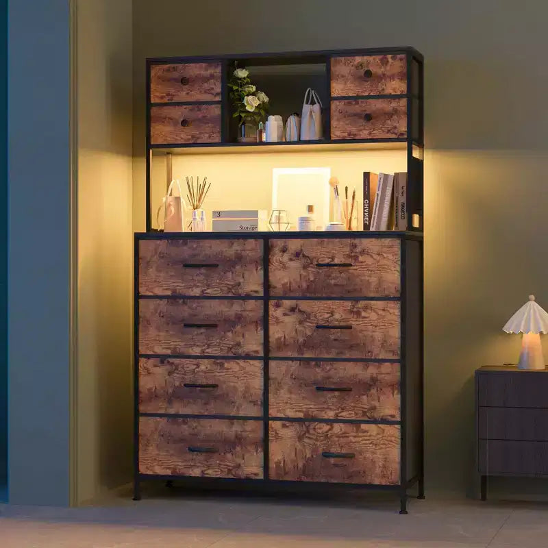 Cassettiera in tessuto a 12 cassetti con ripiani aperti, piano in legno e struttura in metallo per camera da letto