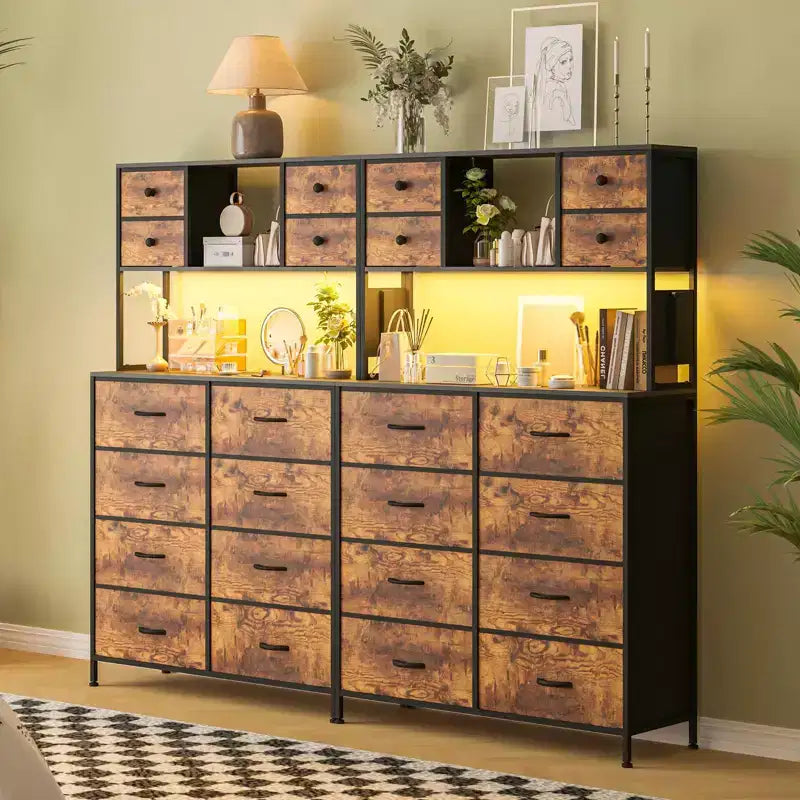 Cassettiera in tessuto a 12 cassetti con ripiani aperti, piano in legno e struttura in metallo per camera da letto