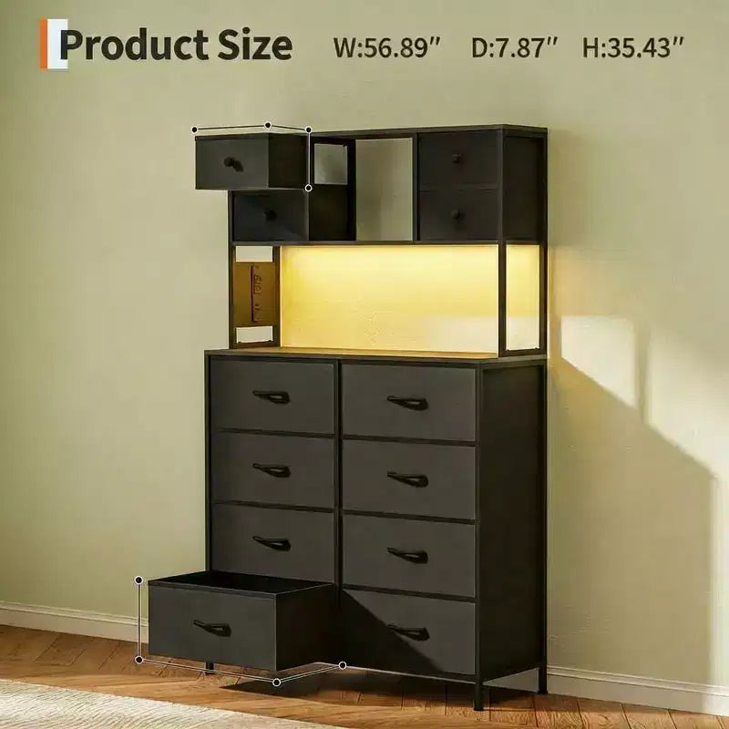 Cassettiera in tessuto a 12 cassetti con ripiani aperti, piano in legno e struttura in metallo per camera da letto