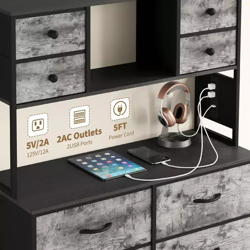 Cassettiera in tessuto a 12 cassetti con ripiani aperti, piano in legno e struttura in metallo per camera da letto