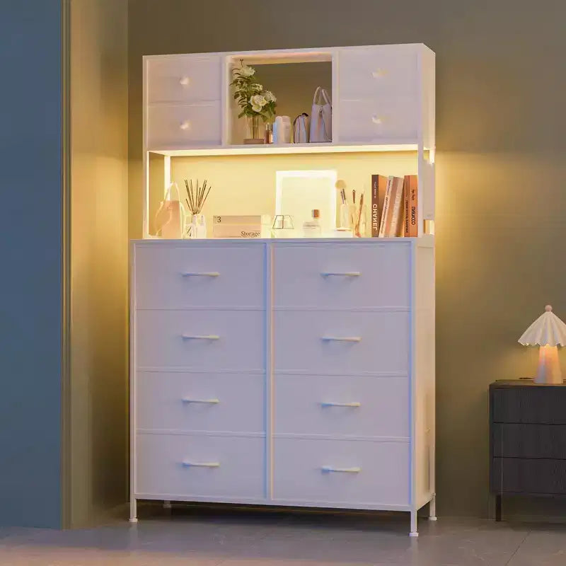 Cassettiera in tessuto a 12 cassetti con ripiani aperti, piano in legno e struttura in metallo per camera da letto
