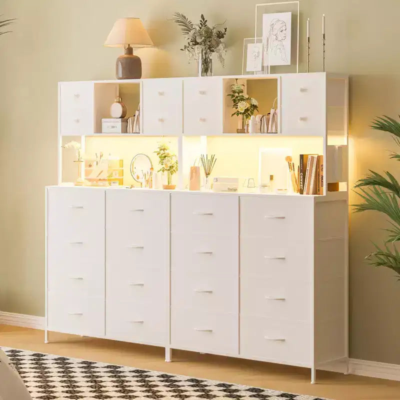Cassettiera in tessuto a 12 cassetti con ripiani aperti, piano in legno e struttura in metallo per camera da letto