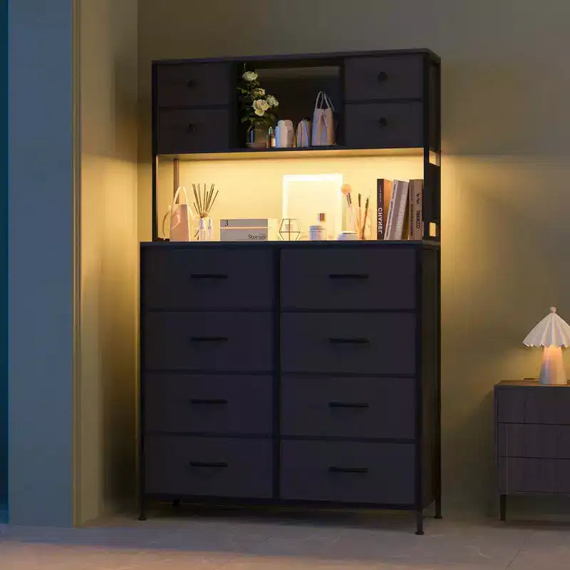 Cassettiera in tessuto a 12 cassetti con ripiani aperti, piano in legno e struttura in metallo per camera da letto