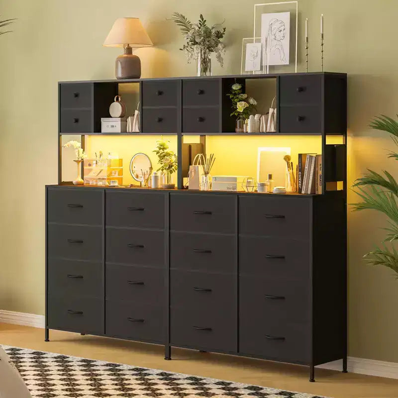 Cassettiera in tessuto a 12 cassetti con ripiani aperti, piano in legno e struttura in metallo per camera da letto