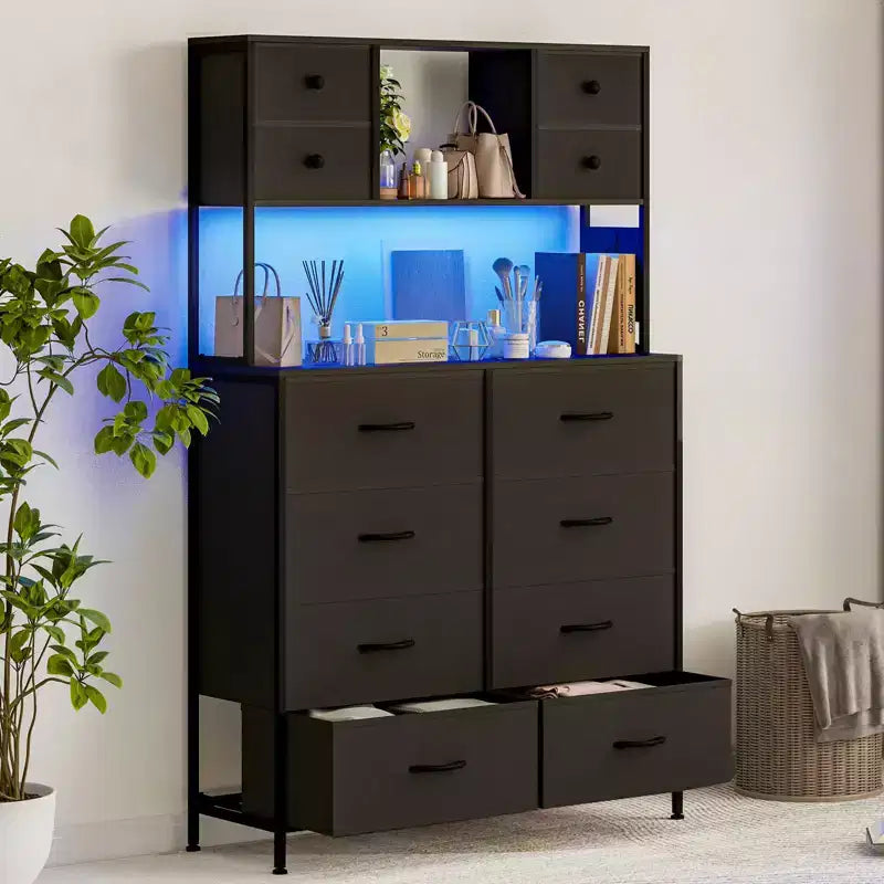 COZONY 12-Drawer Dresser for Bedroom, Fabric Storage Chest with Open Shelves, Wood Top & Metal Frame Organizer