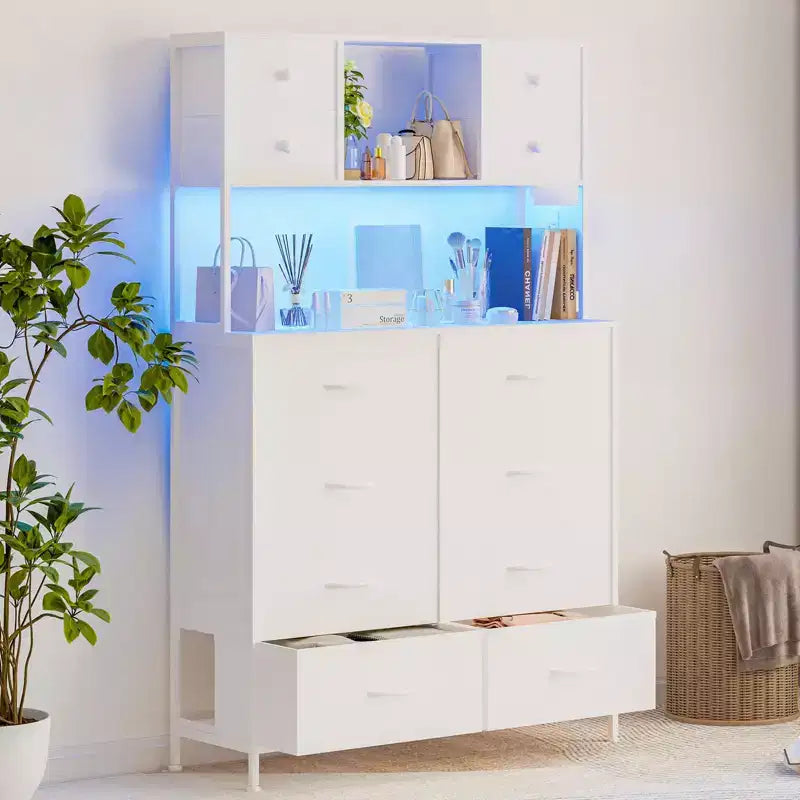 Cassettiera in tessuto a 12 cassetti con ripiani aperti, piano in legno e struttura in metallo per camera da letto