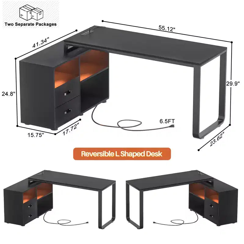 Scrivania angolare per computer da 157,5 cm con cassettiera portadocumenti e luci a LED