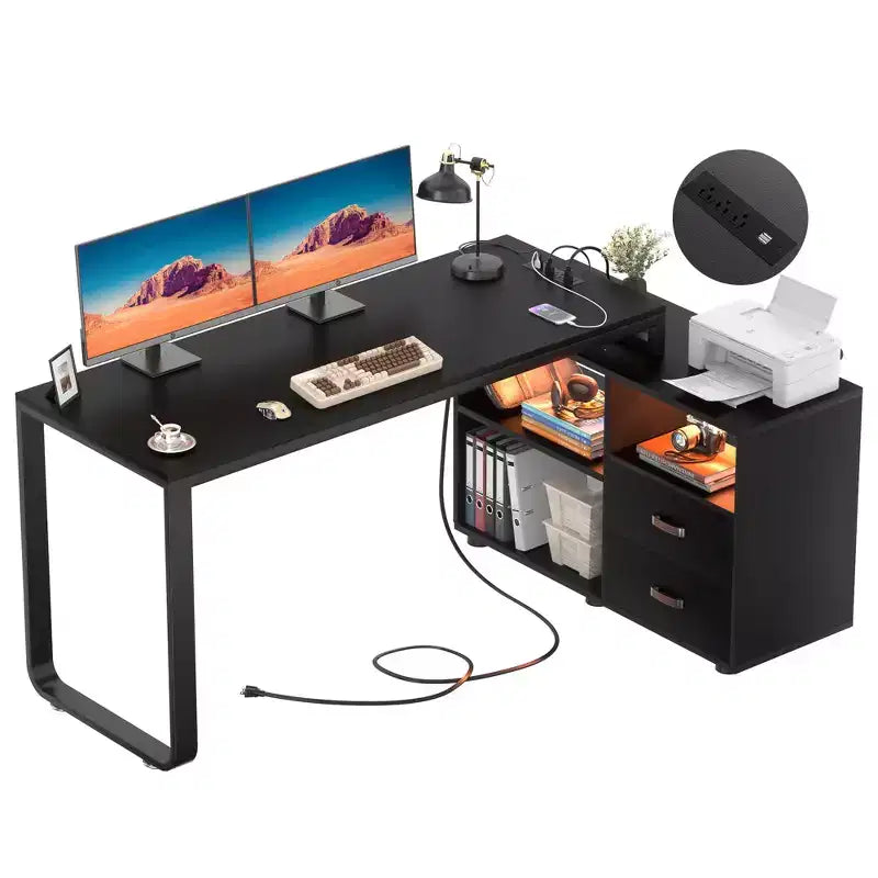 Scrivania angolare per computer da 157,5 cm con cassettiera portadocumenti e luci a LED