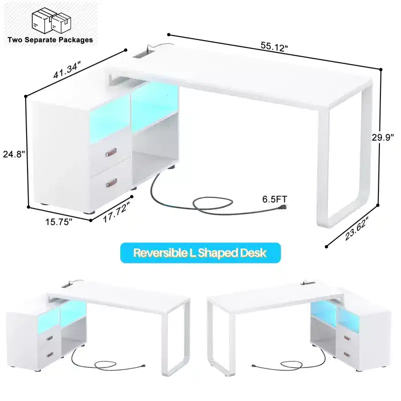 Scrivania angolare per computer da 157,5 cm con cassettiera portadocumenti e luci a LED