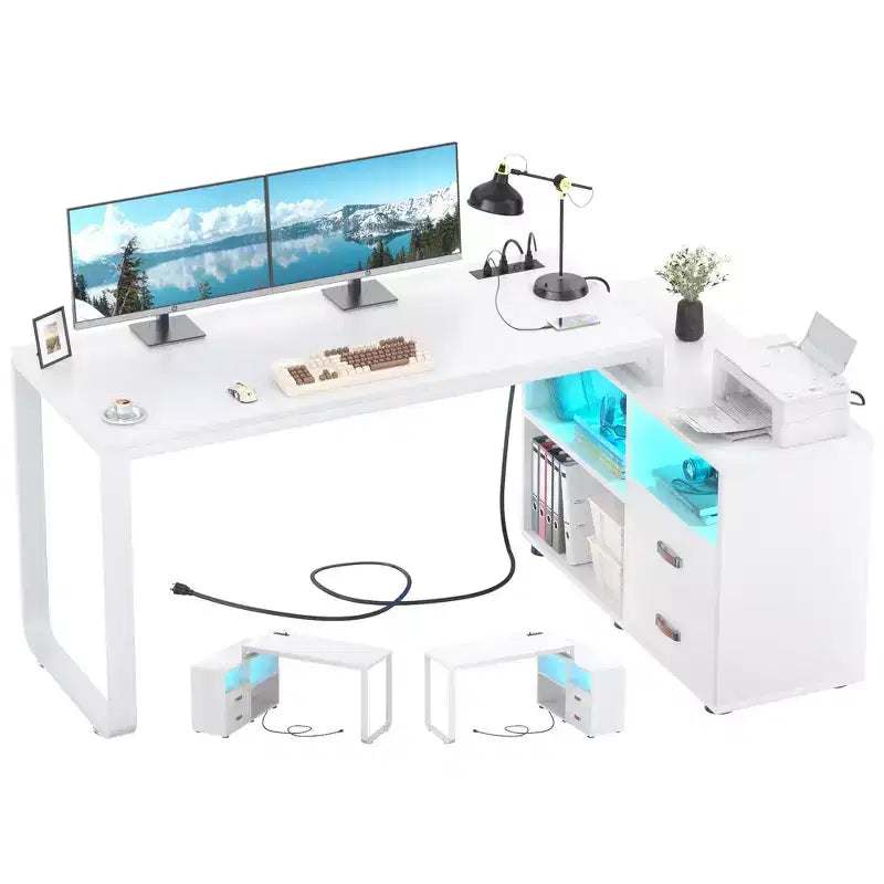 Scrivania angolare per computer da 157,5 cm con cassettiera portadocumenti e luci a LED