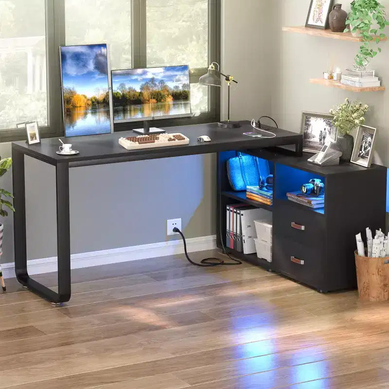 Besiost 62 L Shaped Computer Desk with File Drawer, LED Lights