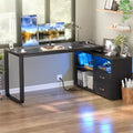 Besiost 62 L Shaped Computer Desk with File Drawer, LED Lights