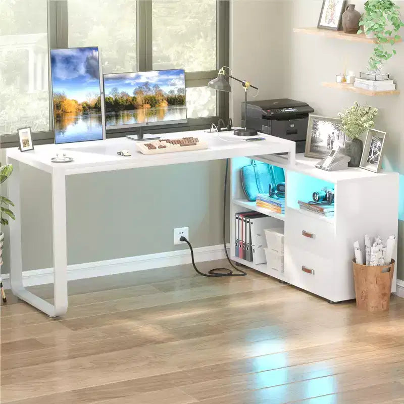 Scrivania angolare per computer da 157,5 cm con cassettiera portadocumenti e luci a LED