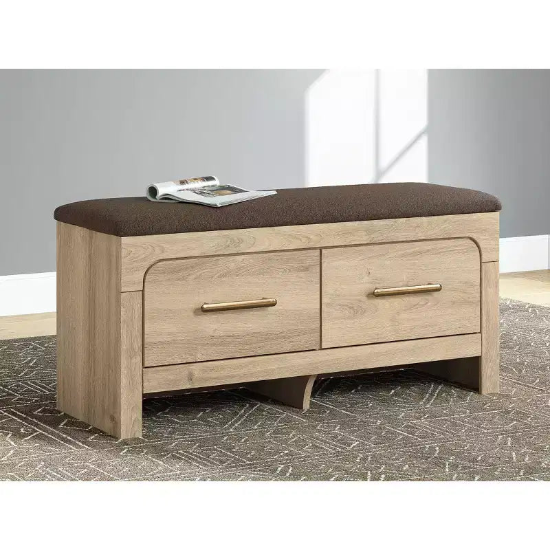 Signature Design by Ashley Prandefort Bedroom Storage Bench with Upholstered Seat, 2 Drawers, Tan Wood Finish and Brown Fabric Top