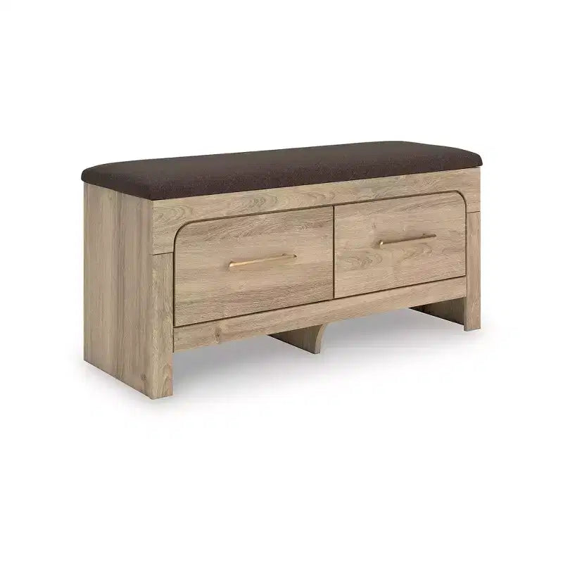 Panca contenitore da camera con seduta imbottita e 2 cassetti, finitura in legno marrone chiaro con piano in tessuto marrone