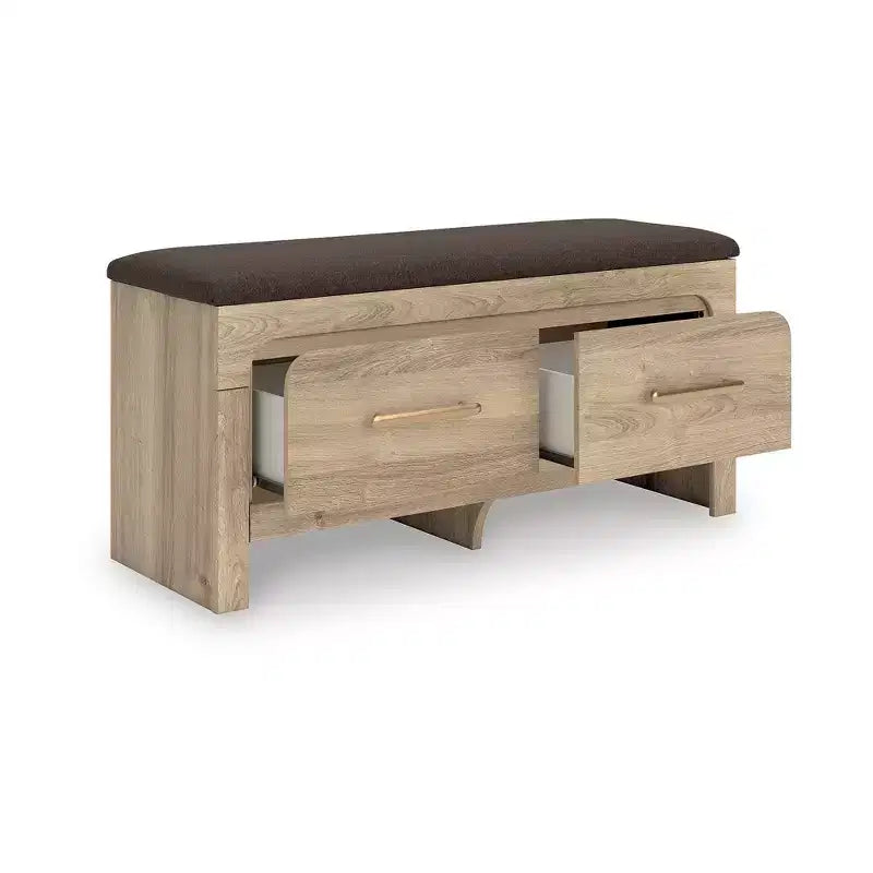 Panca contenitore da camera con seduta imbottita e 2 cassetti, finitura in legno marrone chiaro con piano in tessuto marrone