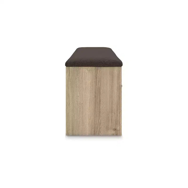 Panca contenitore da camera con seduta imbottita e 2 cassetti, finitura in legno marrone chiaro con piano in tessuto marrone