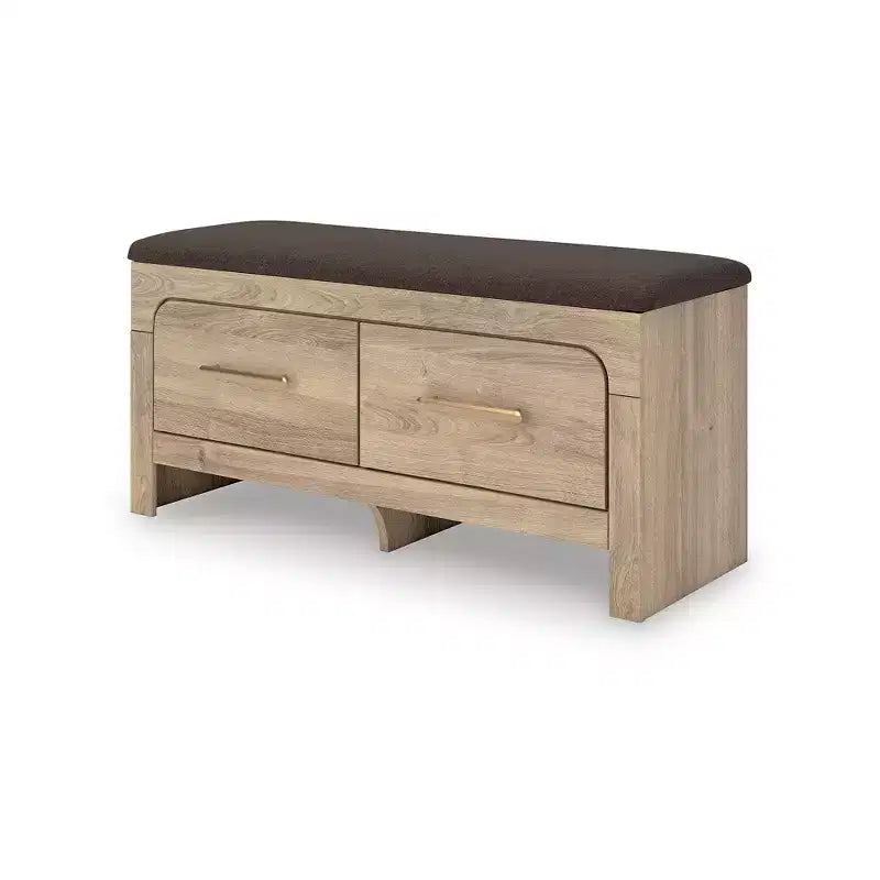 Panca contenitore da camera con seduta imbottita e 2 cassetti, finitura in legno marrone chiaro con piano in tessuto marrone