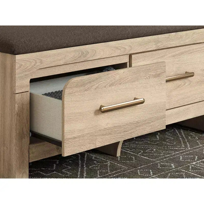 Panca contenitore da camera con seduta imbottita e 2 cassetti, finitura in legno marrone chiaro con piano in tessuto marrone