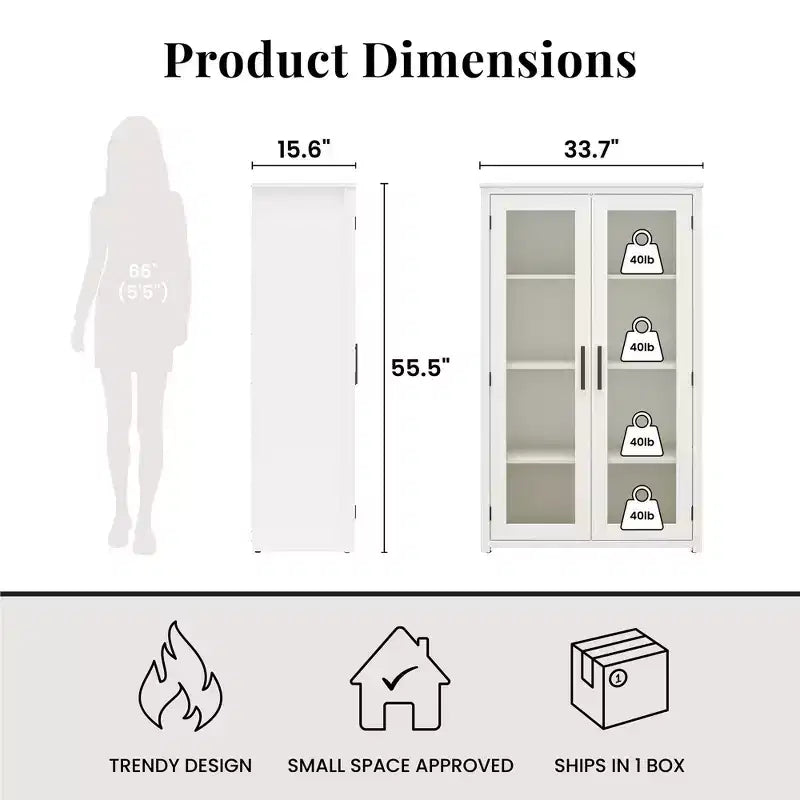 Mobile credenza moderno in legno con anta in vetro, 4 ripiani regolabili, altezza 141 cm