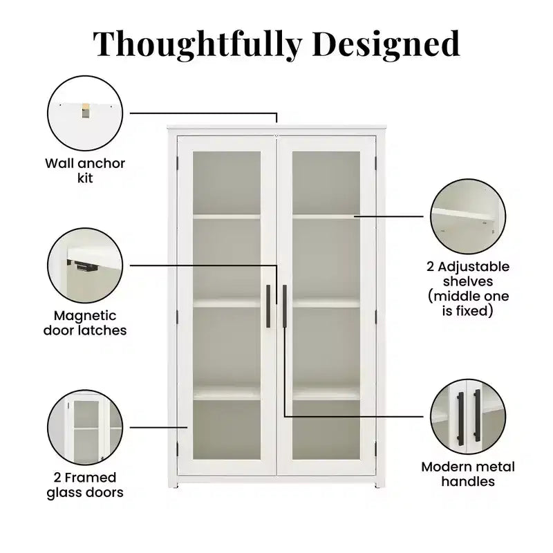 Mobile credenza moderno in legno con anta in vetro, 4 ripiani regolabili, altezza 141 cm