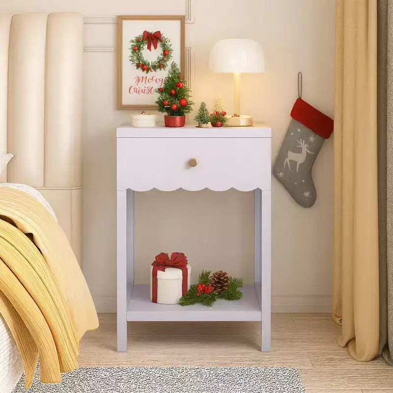 Scalloped Edge Nightstand with Drawer and Open Shelf, 26.77 Tall Bedside Table for Bedroom or Kids Room, Lilac