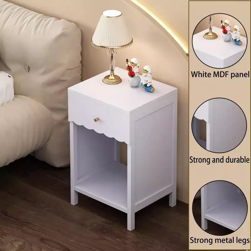Comodino con Bordo Festonato, Cassetto e Ripiano Aperto, Alto 68 cm per Camera da Letto o Stanza dei Bambini, Lilla