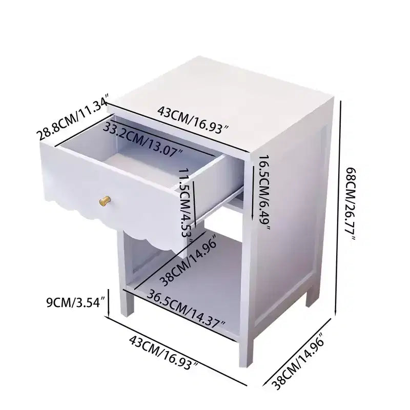 Comodino con Bordo Festonato, Cassetto e Ripiano Aperto, Alto 68 cm per Camera da Letto o Stanza dei Bambini, Lilla
