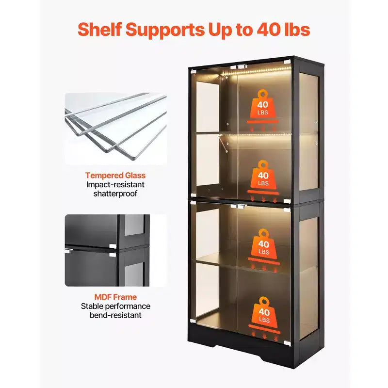 Vetrina Illuminata Alta 165 cm con Ante in Vetro, Armadietto a 4 Livelli per Collezionismo, Nero