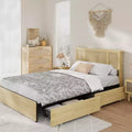 Bed Frame with Natural Rattan Headboard, 4 Storage Drawers, Slats, Bohemian-Style Cane Mattress Support, Strong Metal Base with Resilient Wooden