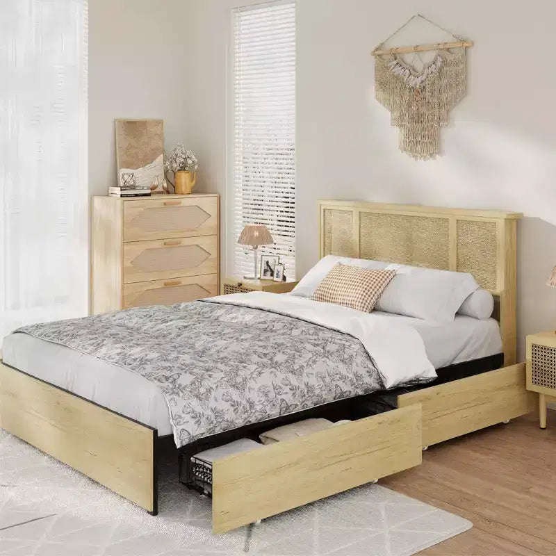 Bed Frame with Natural Rattan Headboard, 4 Storage Drawers, Slats, Bohemian-Style Cane Mattress Support, Strong Metal Base with Resilient Wooden