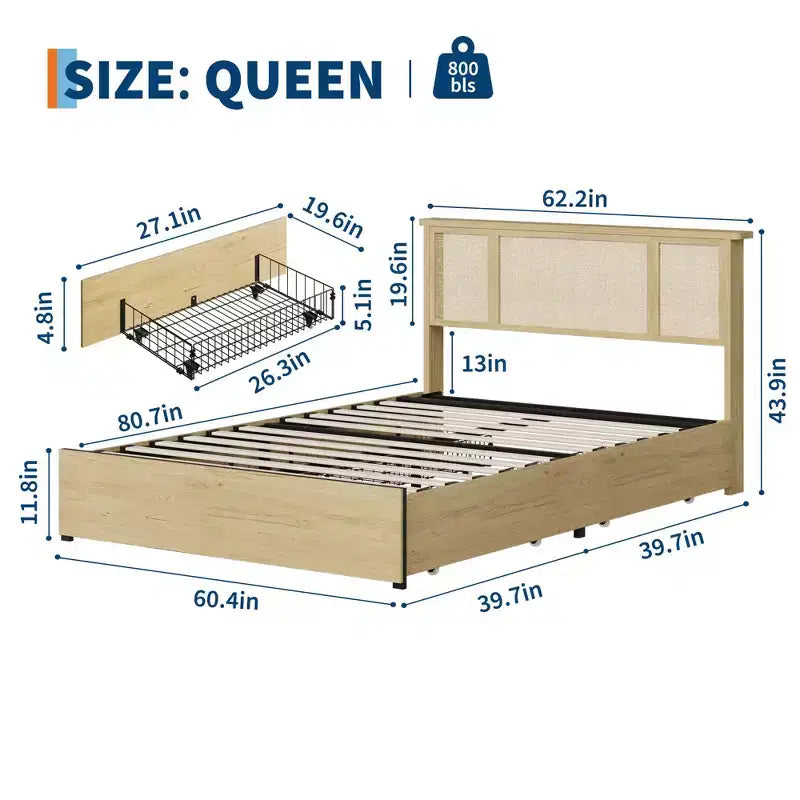 Struttura Letto con Testiera in Rattan Naturale, 4 Cassetti Contenitore, Doghe, Supporto Materasso in Rattan Stile Bohemien, Robusta Base in Metallo con Resistente Struttura in Legno