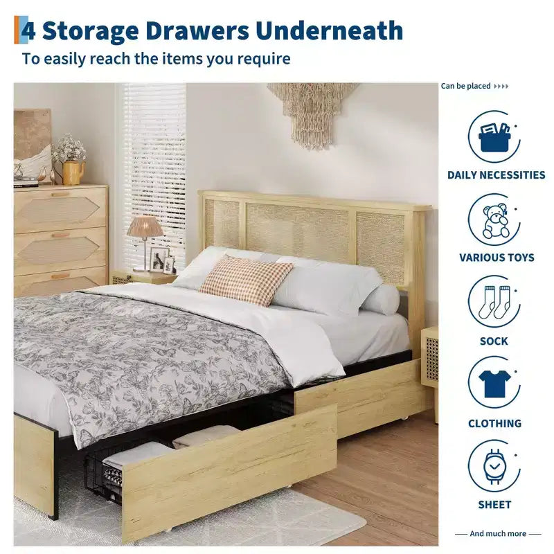 Struttura Letto con Testiera in Rattan Naturale, 4 Cassetti Contenitore, Doghe, Supporto Materasso in Rattan Stile Bohemien, Robusta Base in Metallo con Resistente Struttura in Legno